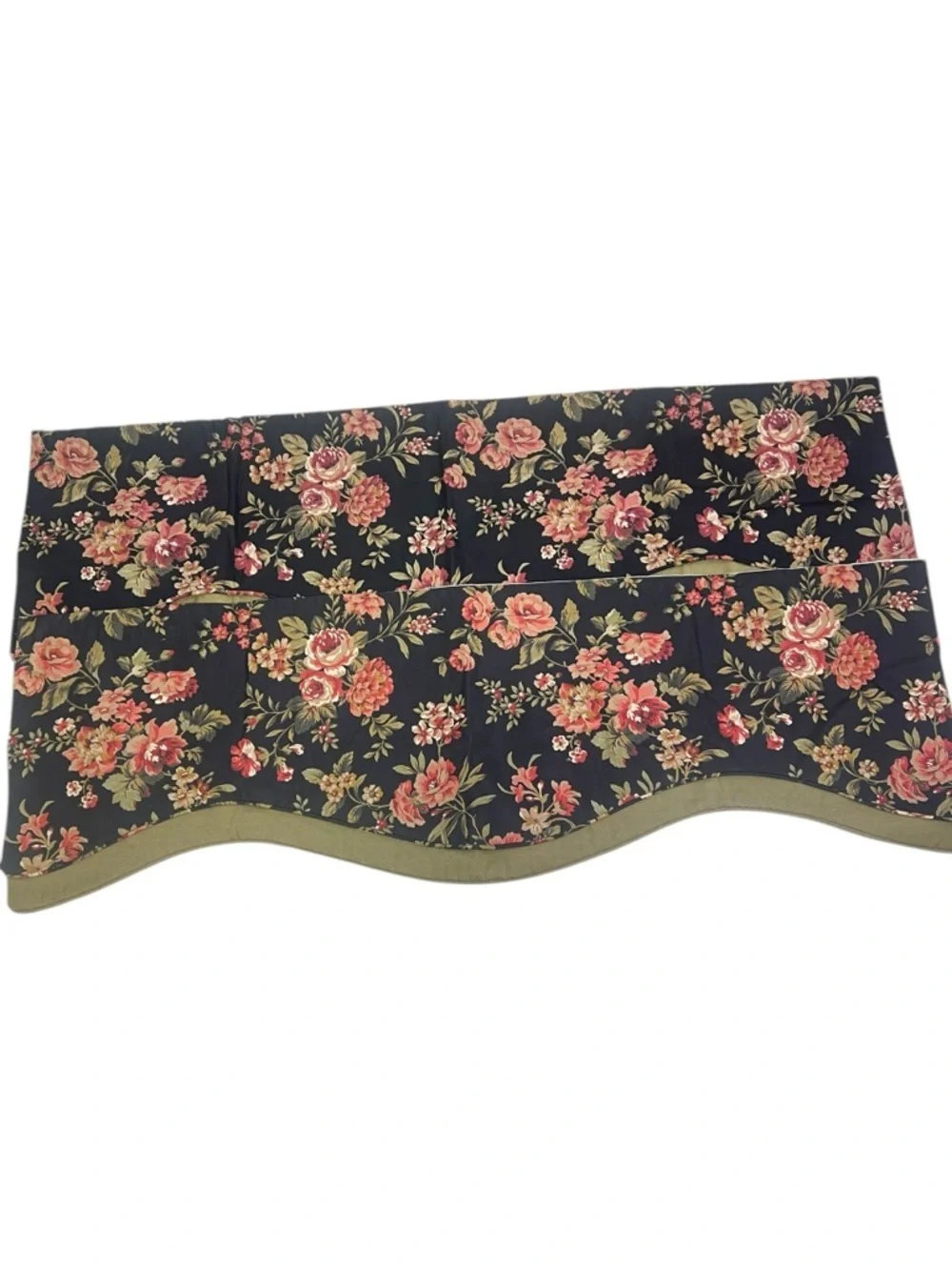 2 Country Curtains Floral Chintz Rose Bouquet Black Background Valances 51” Vtg